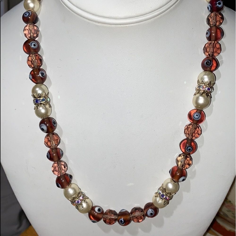 Vintage Evil Eye Glass Bead Necklace Boho Pearl Rhinestone Accent